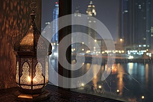 An arabian lantern and a date on the background with city light. The holy month of Ramadan Kareem