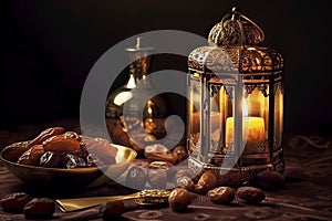 Arabian lantern and dates. Islamic holidays. Ramadan table decoration. Generative AI
