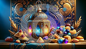 Arabian lantern and traditional Eid al-Fitr sweets on beautiful decorated table still-life