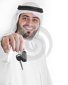 Arabian man with car keys, car loan concept