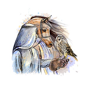 Arabian man with a falcon and a horse from a splash of watercolor