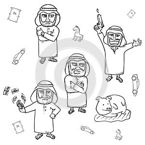 Arabian man hand drawn doodle set