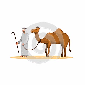 arabian man walk with camel in dessert, animal pet in east asia in cartoon illustrtion vector on white background