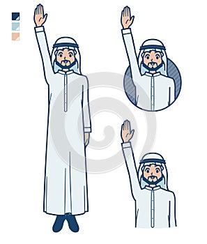 A arabian man in white costume with raise hand images