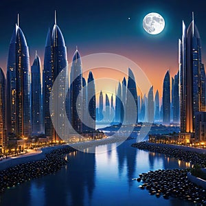 Arabian night city towers and mussels concept