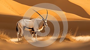 Arabian oryx antelope standing in the middle of a desert
