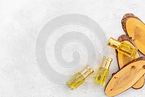 Arabian oud attar oil - perfume in glass bottles. Overhead view