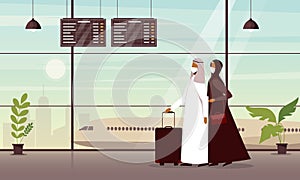 Arabian Passengers people traveler wearing face medical protection masks walking at airport gate terminal lounge