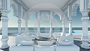 Arabian pavilion sea view 3D render with relax furniture zoom in