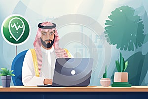 Arabian saudi man businessman sitting, laptop infront having an online meeting Generative AI