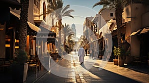 Arabian Street in Dubai\'s Downtown Bathed in Sunset Hues