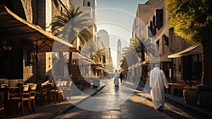 Arabian Street in Dubai\'s Downtown Bathed in Sunset Hues