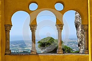 The arabian style arches on the terrace of the Pena Palace. Sintra. Portugal