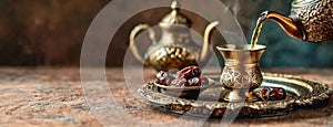 Arabian Tea Ceremony with Dates. A traditional Arabian teapot pours tea into a cup, accompanied by dates on a silver