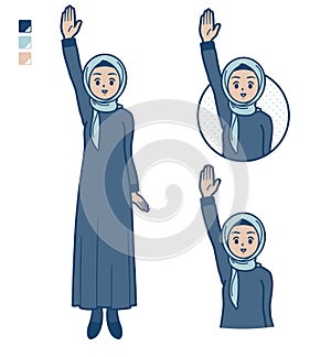An arabian woman in hijab with raise hand images