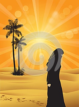 Arabian woman on Sahara desert at sunburst, vector illustration