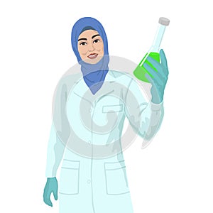 Arabian woman scientist with sample of liquid. Vaccine research concept.