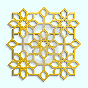 Arabic 3D design. Abstract muslim mosaic, persian motif. Template decoration element. Islamic golden geometric illustartion