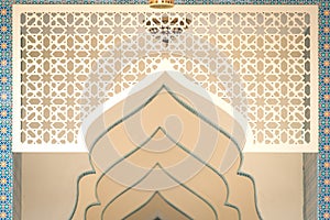 Arabic arch door woodcut trellis panel stencil lattice engraving decorative panel with oriental geometric pattern exterior