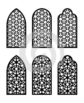 Arabic arch window or door set. Cnc pattern, laser cutting, vector template set for wall decor, hanging, stencil