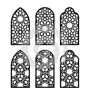 Arabic arch window or door set. Cnc pattern, laser cutting, vector template set for wall decor, hanging, stencil