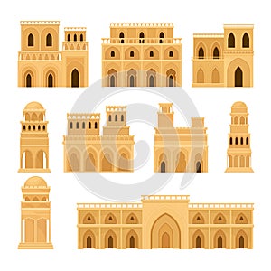 Arabic Architecture and Buildings with Geometric Ornament Vector Set