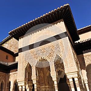 Arabic architecture. Patio de los Leones, Alhambra in Granada, Andalusia, Spain.