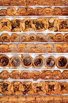 Arabic baklava dessert mix organized in rows