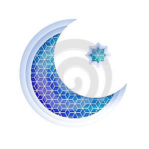 Arabic blue crescent moon window arch in paper cut style. Origami Ramadan Kareem greeting cards. Arabesque pattern. Holy