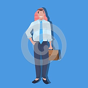 Arabic business man holding suitcase wearing traditional clothes mobile smartphone communication concept arab
