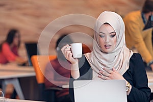 Arabic business woman wearing hijab,working in startup office.