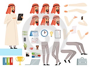 Arabic businessman animation. Creation kit with body parts and business tools vector constructor of muslim character