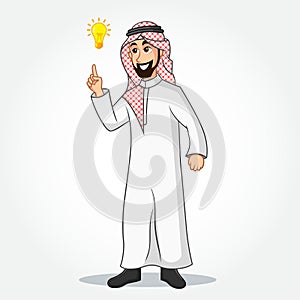 Arabic Businessman cartoon Character in traditional clothes pointing up to the bright idea bulb as a symbol of having an idea