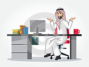 Arabic Businessman cartoon in traditional clothes sitting at his desk, spreading his hands to the sides presenting something