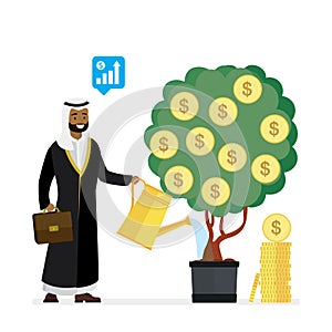 Arabic businessman watering money tree. Investment process. Profitable business projects, development of new startups. Muslim