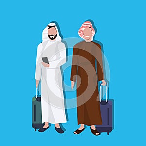 Arabic businessmen using smartphone holding valise wearing traditional clothes travel concept male cartoon character