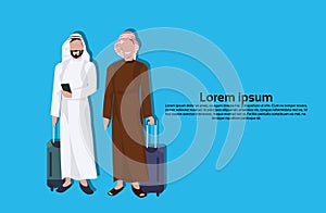 Arabic businessmen using smartphone holding valise wearing traditional clothes travel concept male cartoon character