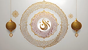 arabic calligraphy design with gold ornaments and lanterns on white background