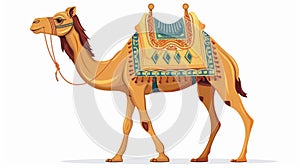 Arabic camel, domestic bedoin animal decorated with textile saddle. Flat modern illustration of an arabic mammal profile