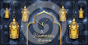 Arabic Card for Ramadan Kareem, Golden Lanterns, Fanoos