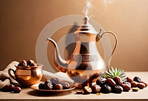 an arabic coffee pot surrounded by bowl and saucer full of kurmas