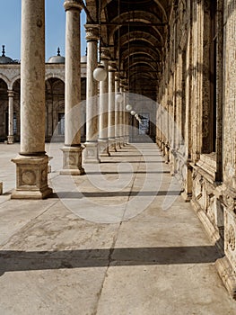 Arabic colonnade, portico or peristyle of a mosque in cairo