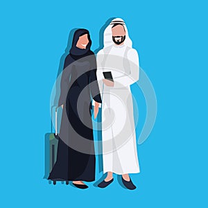 Arabic couple using smartphone holding valise wearing traditional clothes travel concept man woman cartoon character