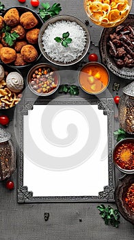 Arabic cuisine delight White frame with Arabic text, perfect Ramadan background