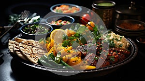 Arabic Cuisine Middle Eastern Traditional Lunch Assorted of Dishes on Blurred Background