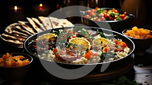 Arabic Cuisine Middle Eastern Traditional Lunch Assorted of Dishes on Blurred Background