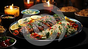 Arabic Cuisine Middle Eastern Traditional Lunch Assorted of Dishes on Blurred Background