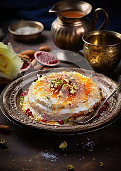 Arabic dessert Konafa or Knafeh with white cheese and pistachio