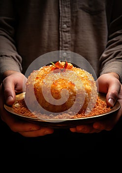 Arabic dessert Konafa or Knafeh with white cheese and pistachio