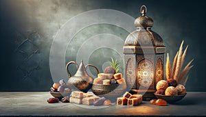 Arabic desserts during end of fasting month of Ramadan and celebration of Eid al-Fitr with elegant tableware and